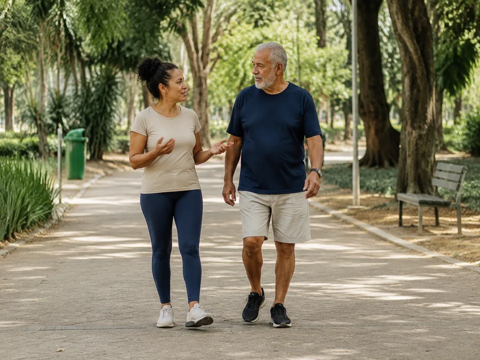 Illustrative scene of two adults walking and talking in a park