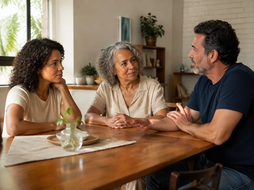 Escena ilustrativa de tres adultos de distintas generaciones conversando en una mesa