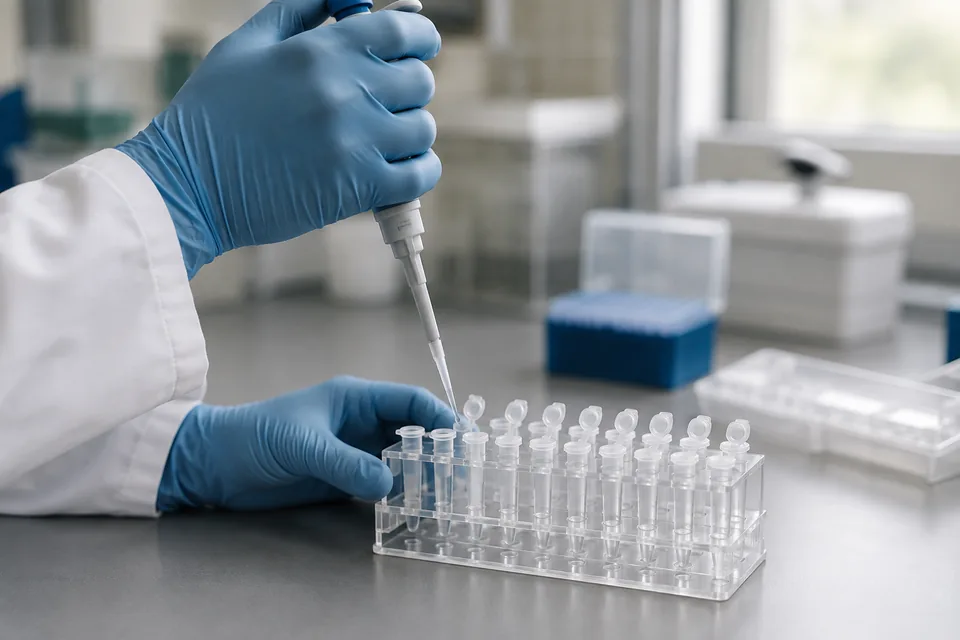 Cena ilustrativa de preparo cuidadoso de amostras em laboratório