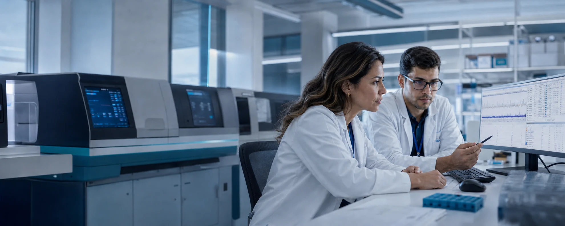 Profissionais analisando resultados de sequenciamento em laboratório