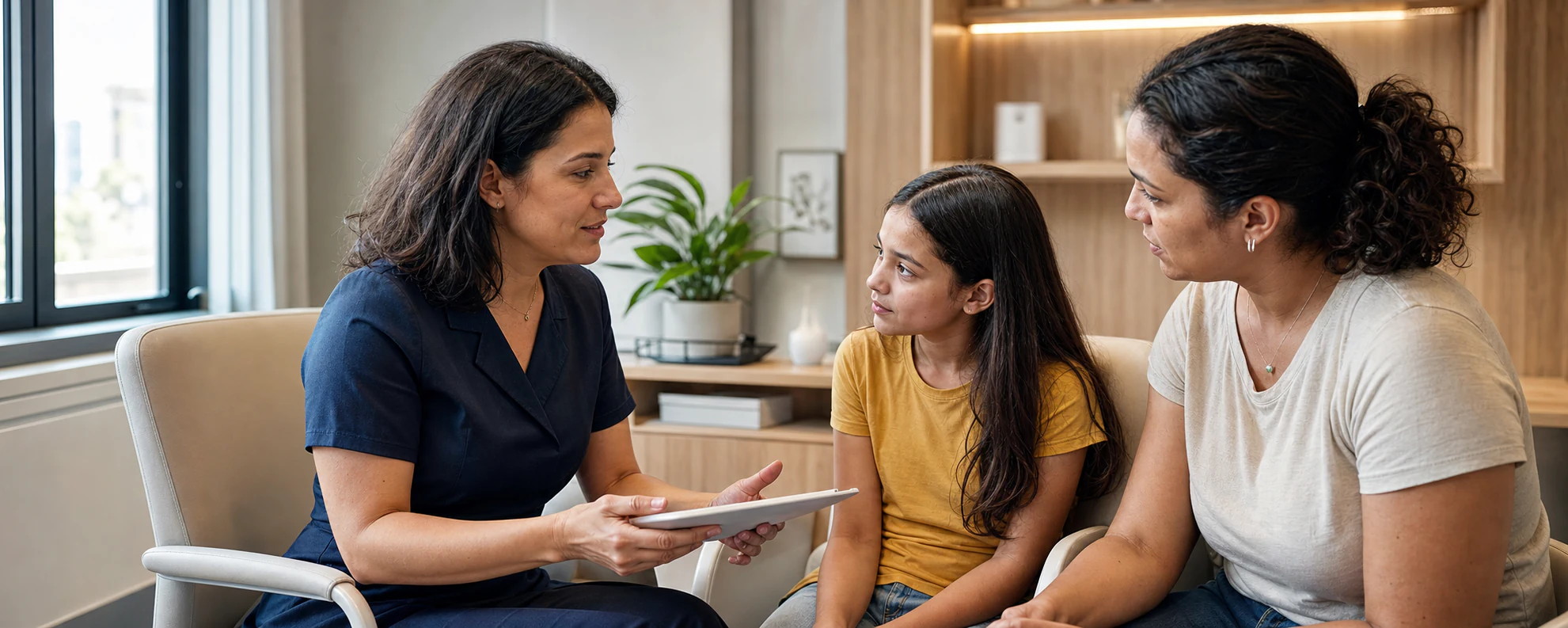 Médica conversa com mãe e filha durante consulta de genética clínica