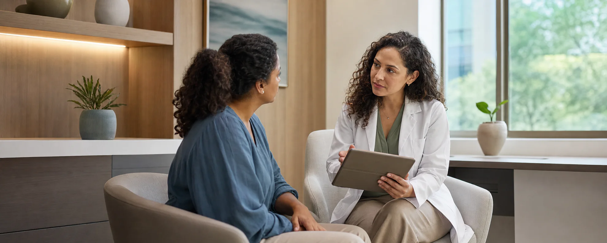 Neurologista conversando com paciente durante a revisão do tratamento