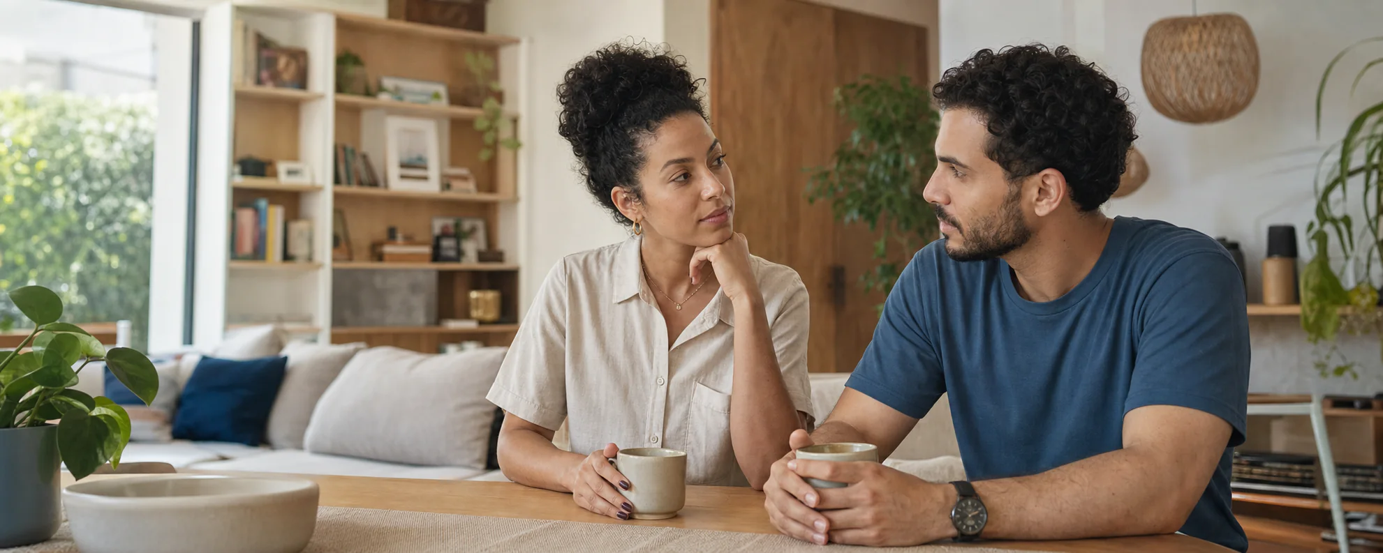 Casal conversando em casa sobre o planejamento do futuro