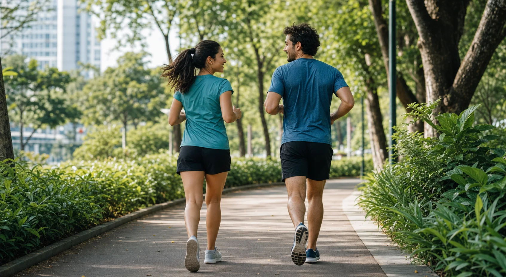 Casal jovem correndo junto em um parque