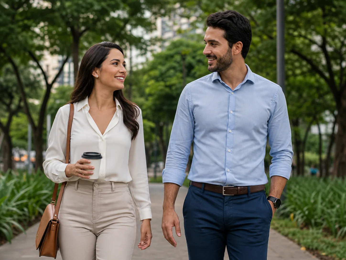 Casal jovem caminhando e conversando em um parque