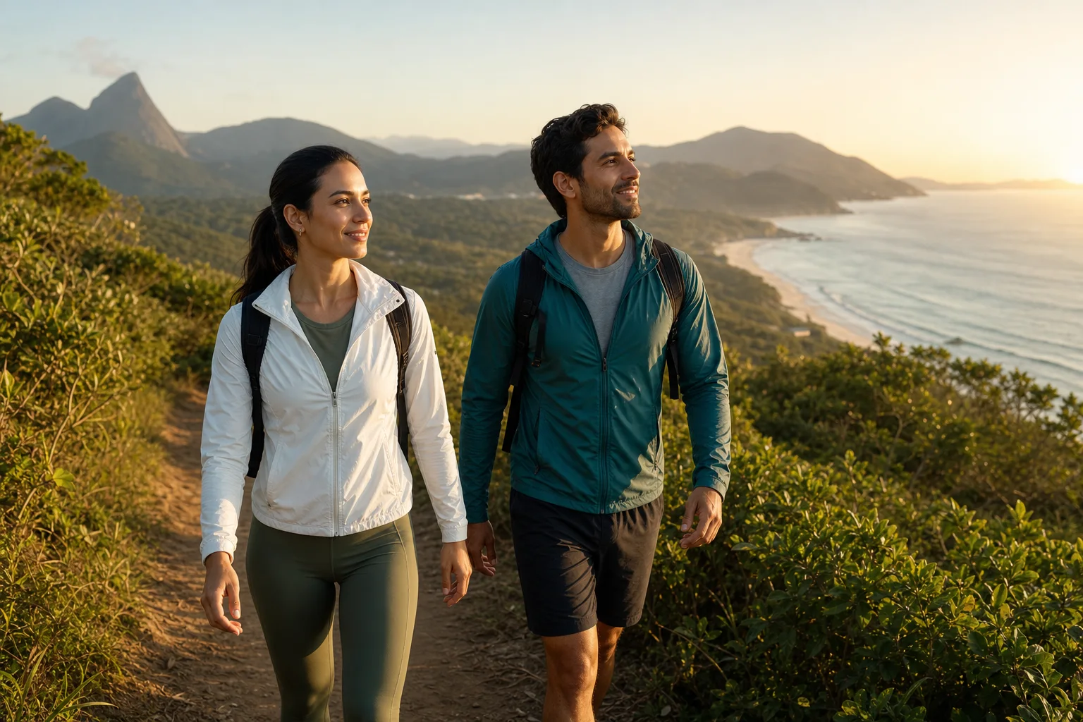 Casal jovem caminhando junto em uma trilha costeira