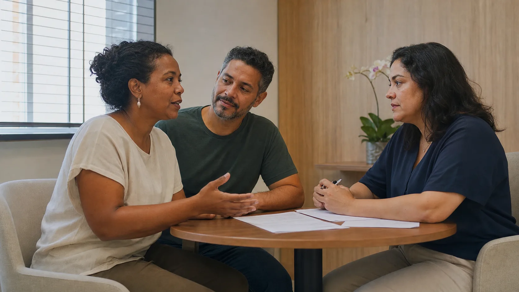 Três pessoas conversam ao redor de uma mesa em um consultório
