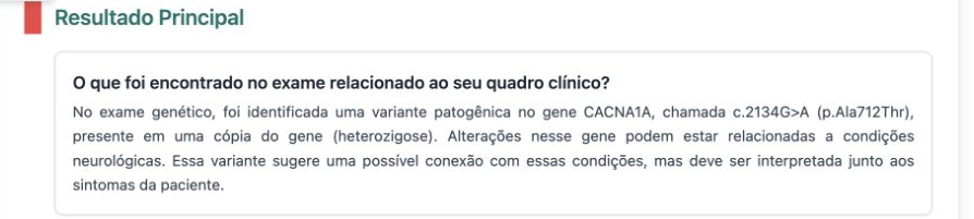 Trecho anonimizado de um laudo demonstrativo do NeoExoma com resultado principal