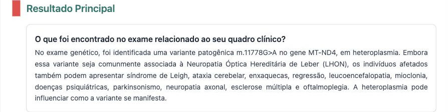 Trecho anonimizado de um laudo demonstrativo do NeoGenoma com resultado principal