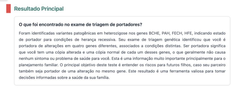 Trecho anonimizado de um laudo demonstrativo do NeoPainel de Portador com resultado principal