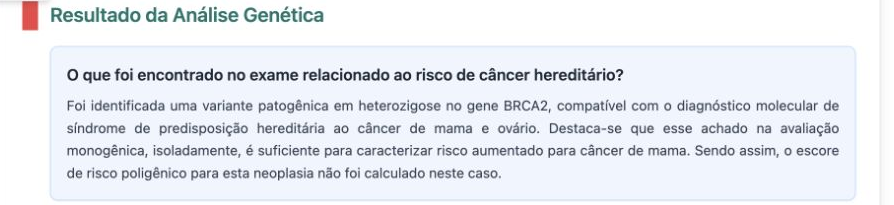 Trecho anonimizado de um laudo demonstrativo do Super Painel de Câncer com resultado genético